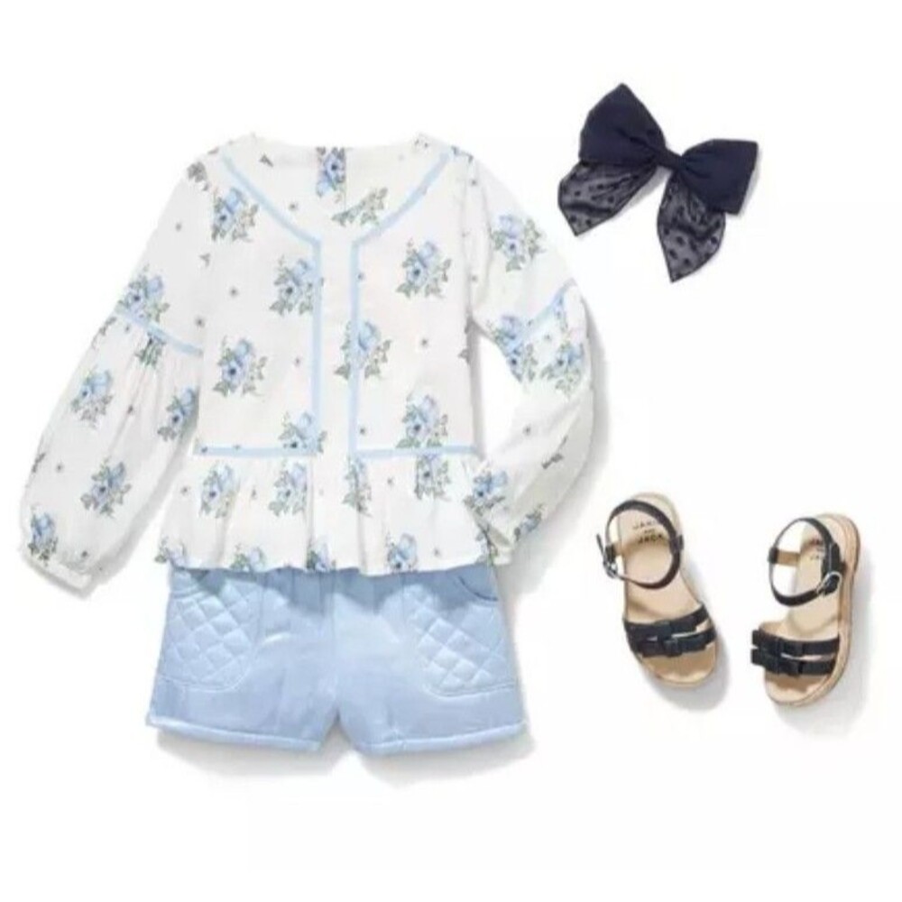 Janie and Jack Girl's Top Size 5 White Blue Floral Swiss Dot 100% Cotton Ruffle
